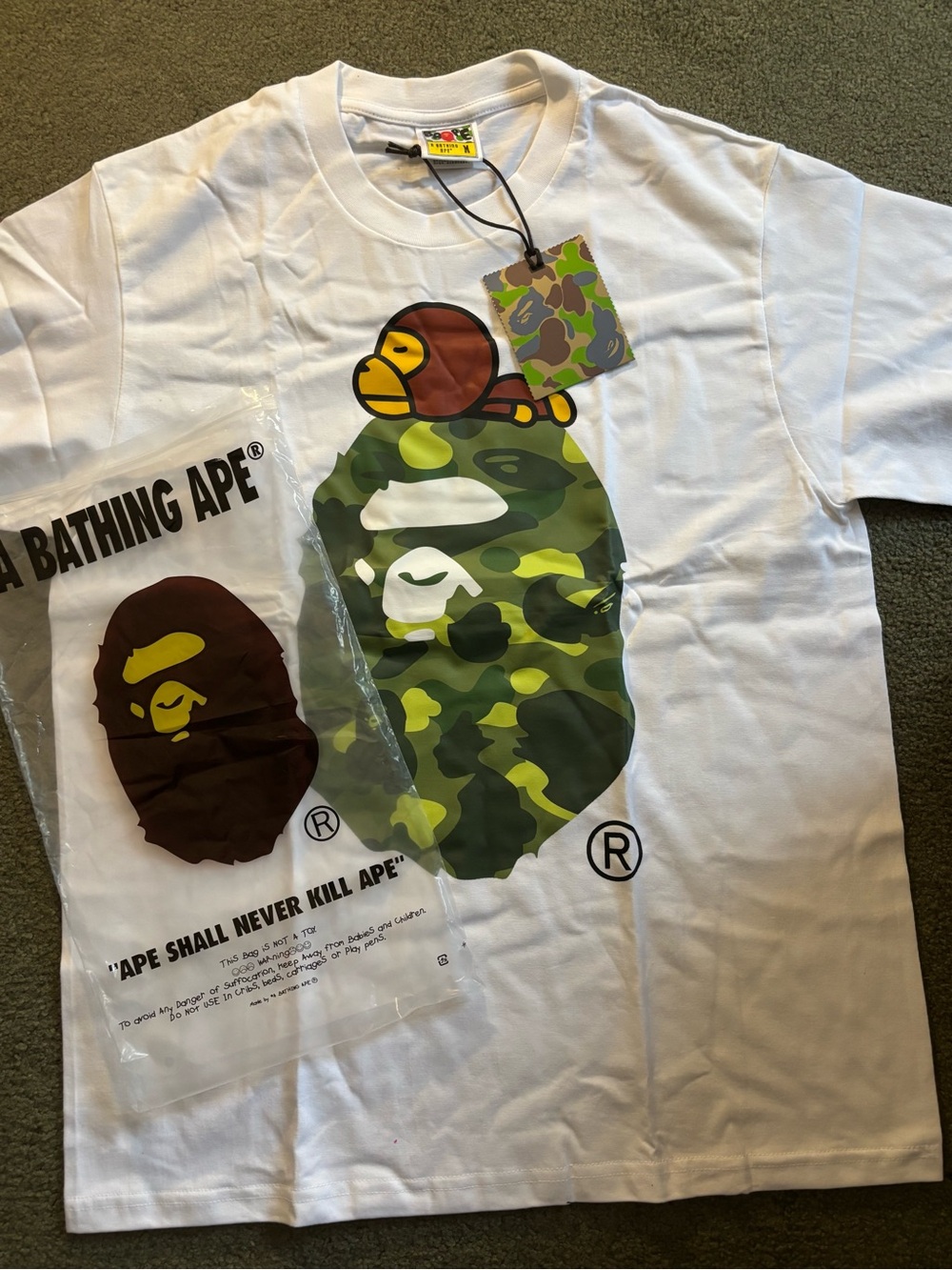 Bape White Tee with Green Camo Ape Head and Brown Yellow Baby Milo